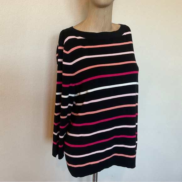 Talbots NWOT Striped Boat Neck Cotton Sweater Black Pink Button Back Detail XLP - Picture 4 of 16